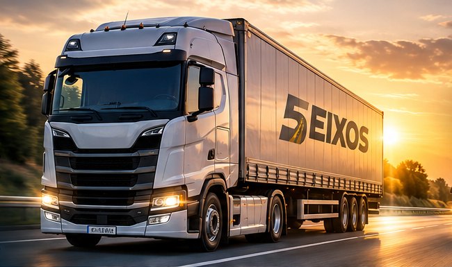 Carreta com a marca 5 Eixos na estrada ao pôr do sol