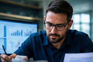 Analista conferindo o financeiro no computador
